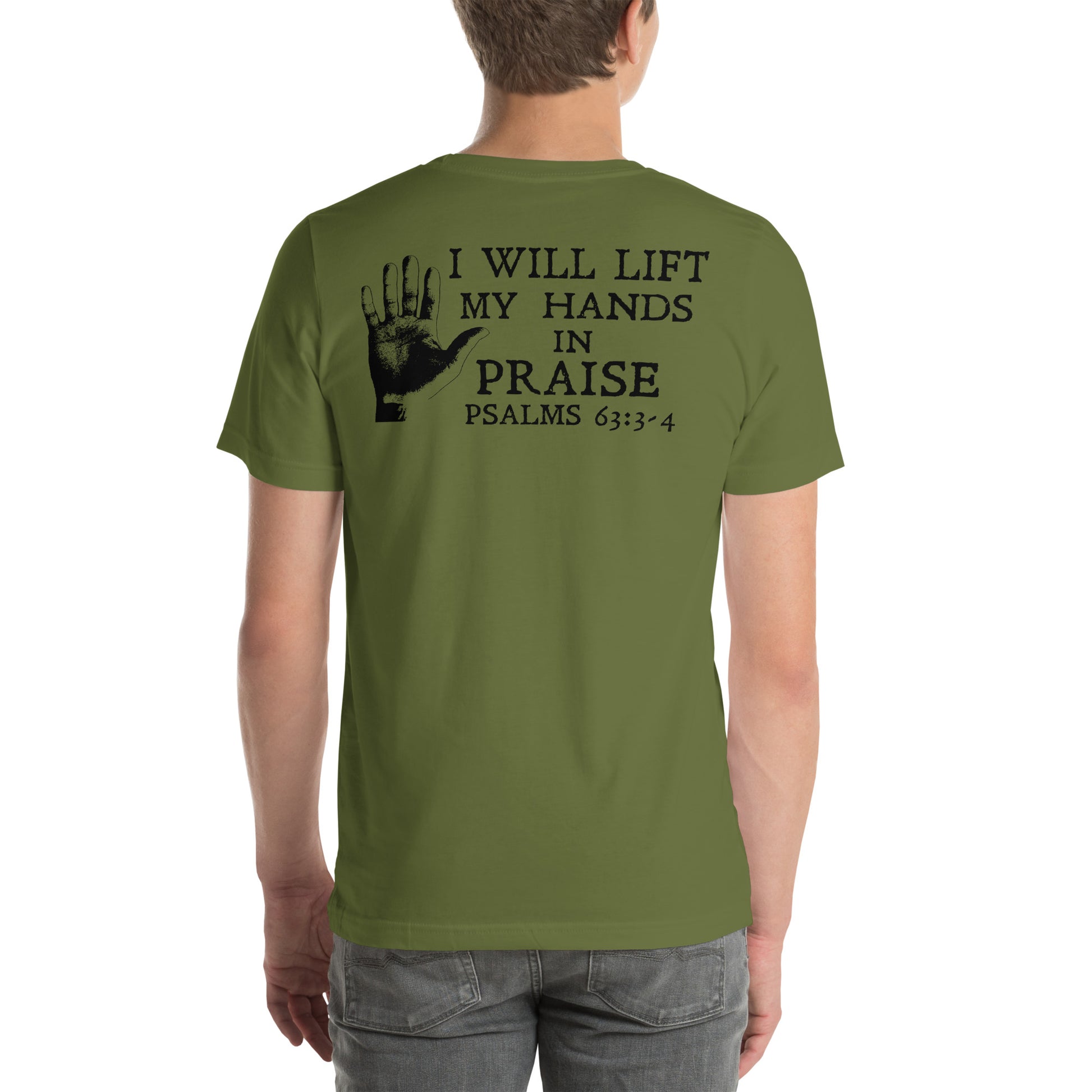 Christian t-shirt – Praise Him Psalm 63:3–4 – Christian Crossing Apparel-Back
