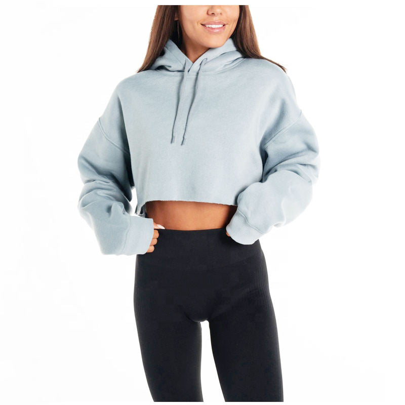Cropped Lined Hoodie Top with Raw Cut Hem Long Sleeves