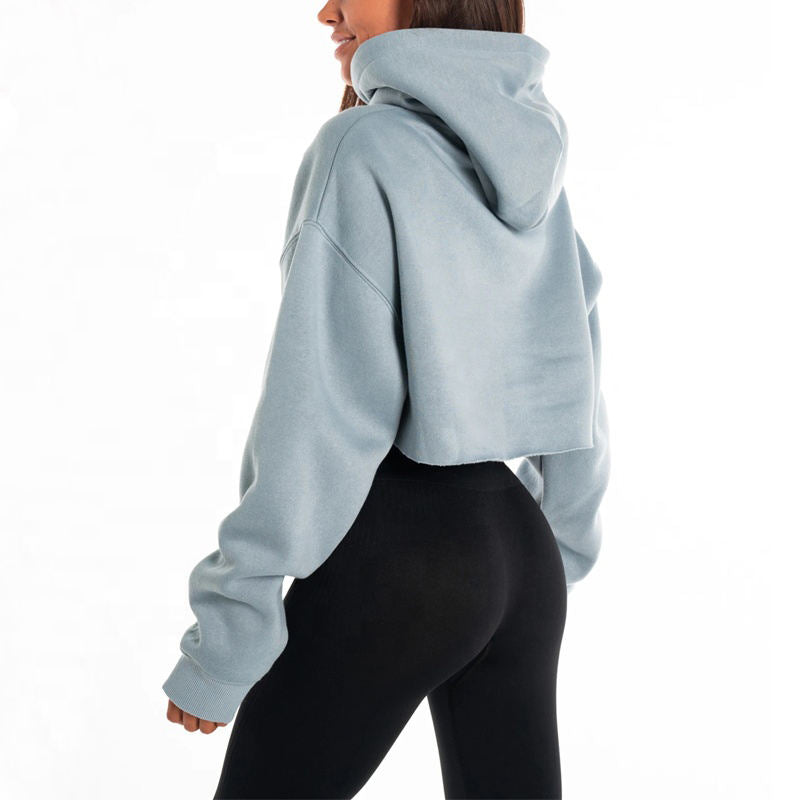 Cropped Lined Hoodie Top with Raw Cut Hem Long Sleeves