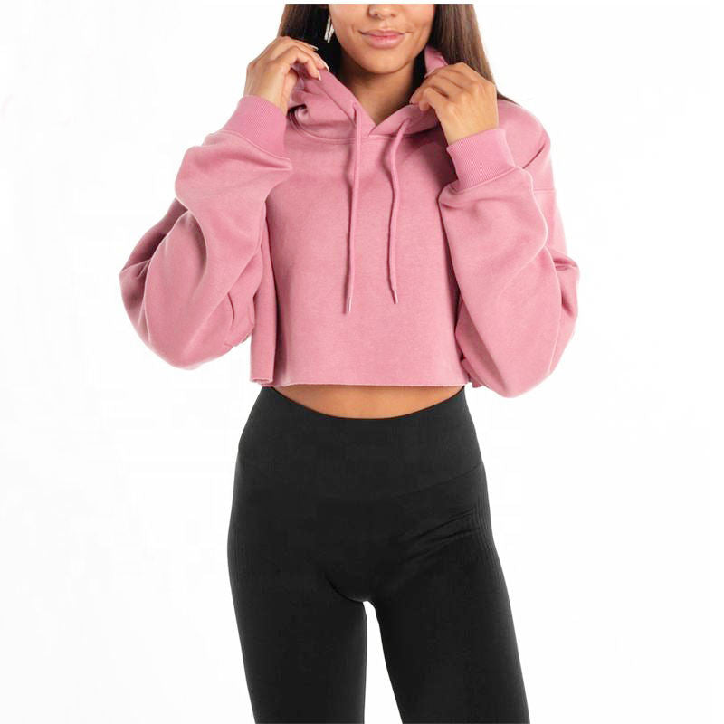 Cropped Lined Hoodie Top with Raw Cut Hem Long Sleeves
