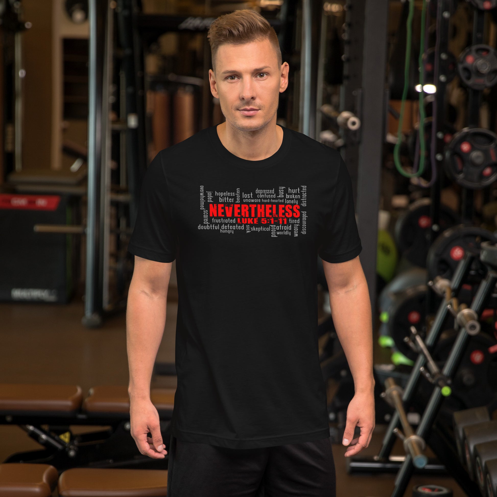 Christian t-shirt – Nevertheless Luke 5:1–11 – Christian Crossing Apparel-Front
