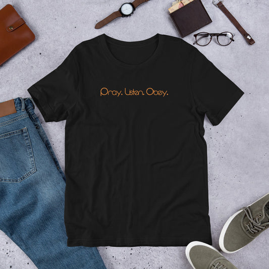 Christian t-shirt – Pray Listen Obey – Christian Crossing Apparel