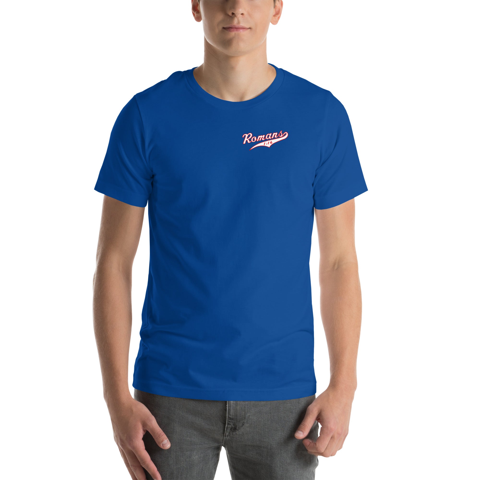 Christian t-shirt – Romans 1:16 Not Ashamed – Christian Crossing Apparel-Front