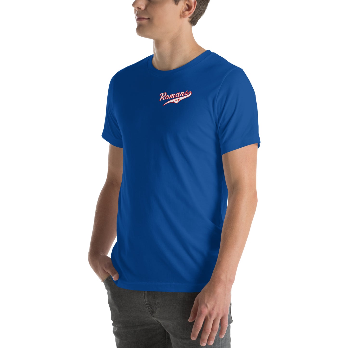 Christian t-shirt – Romans 1:16 Not Ashamed – Christian Crossing Apparel-Front Left Side