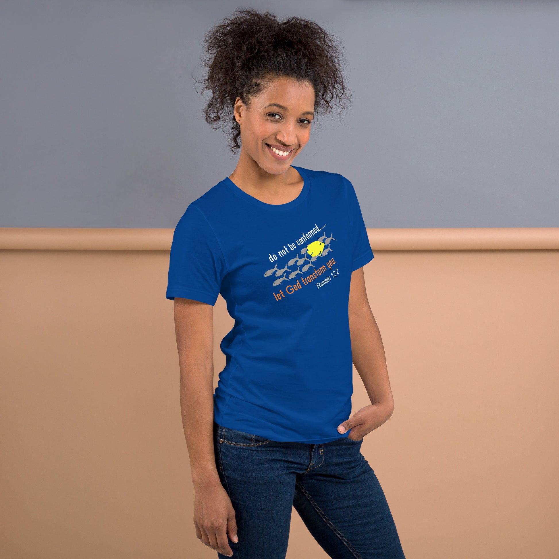 Christian t-shirt – Romans 12:2 Do Not Be Conformed – Christian Crossing Apparel-Front Right Side